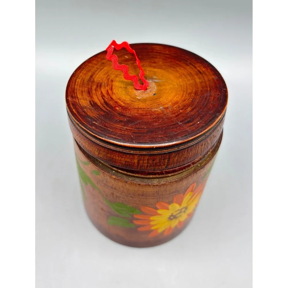 Vtg Hand Painted Wooden Canister Jar with Lid Floral Design Trinket‎ Dish